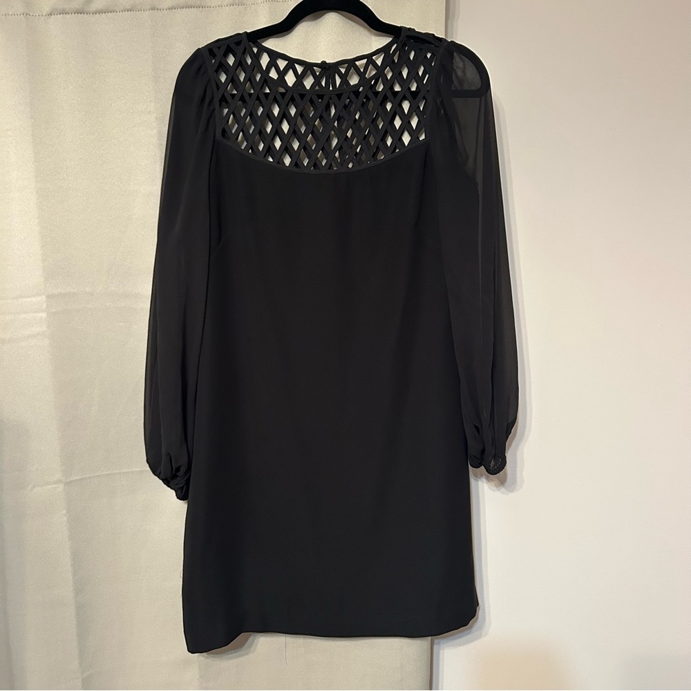 White House Black Market Size 8P Black Dress with Sheer Arms